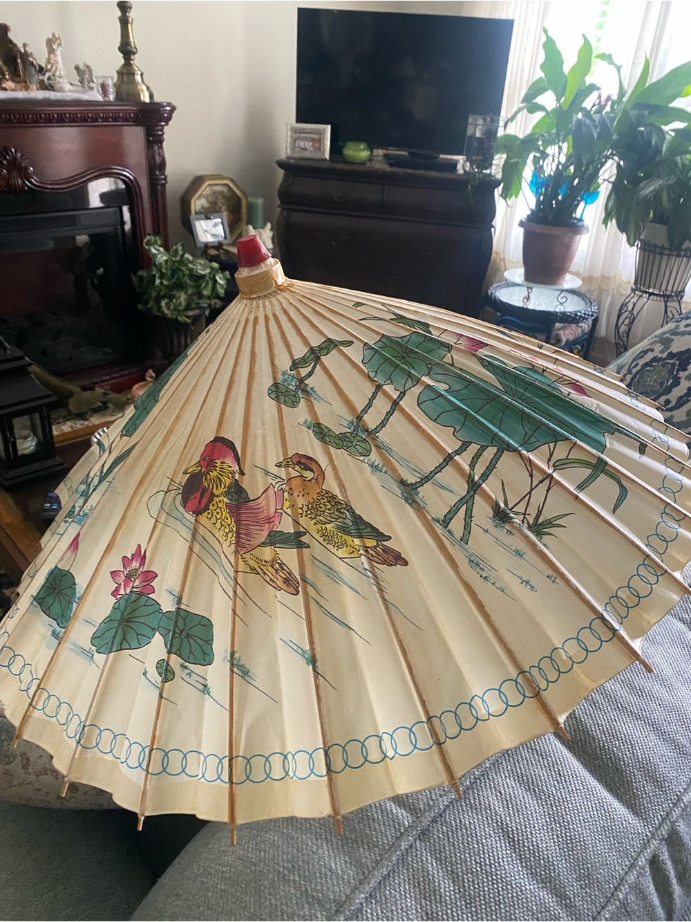 Vintage Floral & Bird Paper Parasol - Cream with Green and Pink Motif